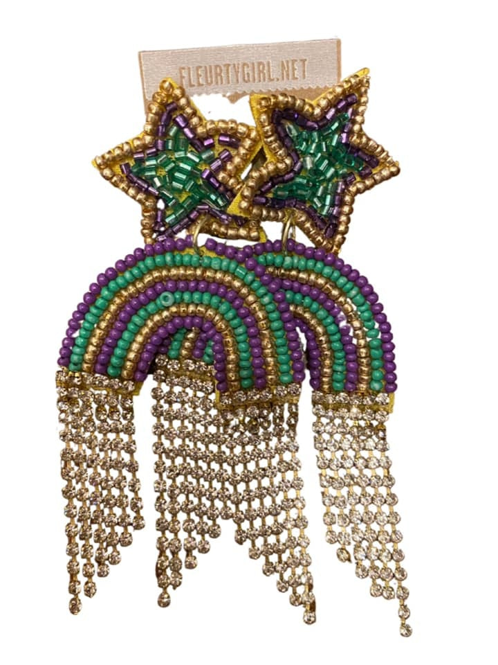 Mardi Gras Beaded Rainbow Earrings with Rhinestones