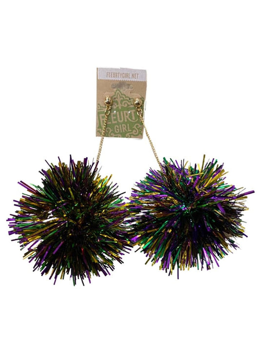 Tinsel Ball Dangle Earrings, Mardi Gras