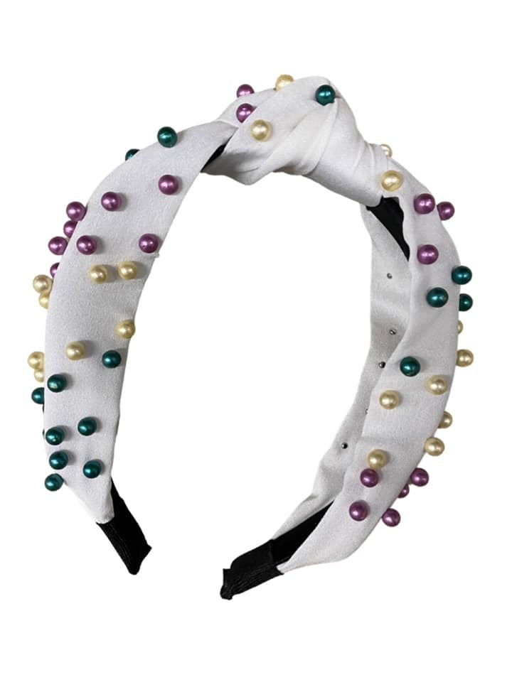 Mardi Gras Headband with Pearls, White