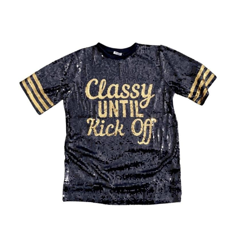 Classy Until Kick Off Sequin Tunic Dress, Black & Gold