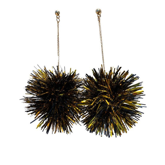 Tinsel Ball Dangle Earrings, Black & Gold