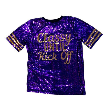 Classy Until Kick Off Sequin Tunic Dress, Purple & Gold