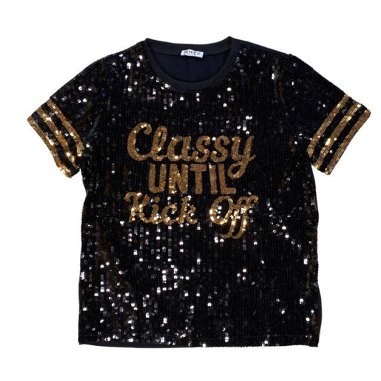 Classy Until Kick Off Sequin Top, Black & Gold