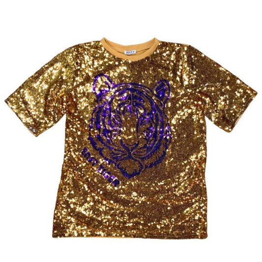 Sequin Tiger Face Tunic Dress, Gold