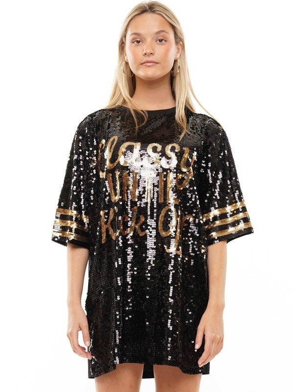 Classy Until Kick Off Sequin Tunic Dress, Black & Gold