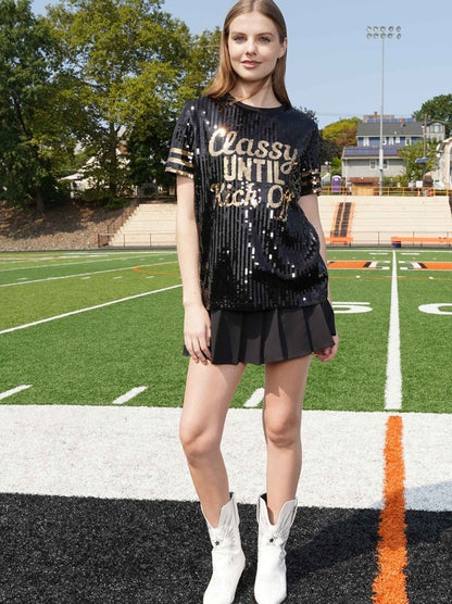 Classy Until Kick Off Sequin Top, Black & Gold