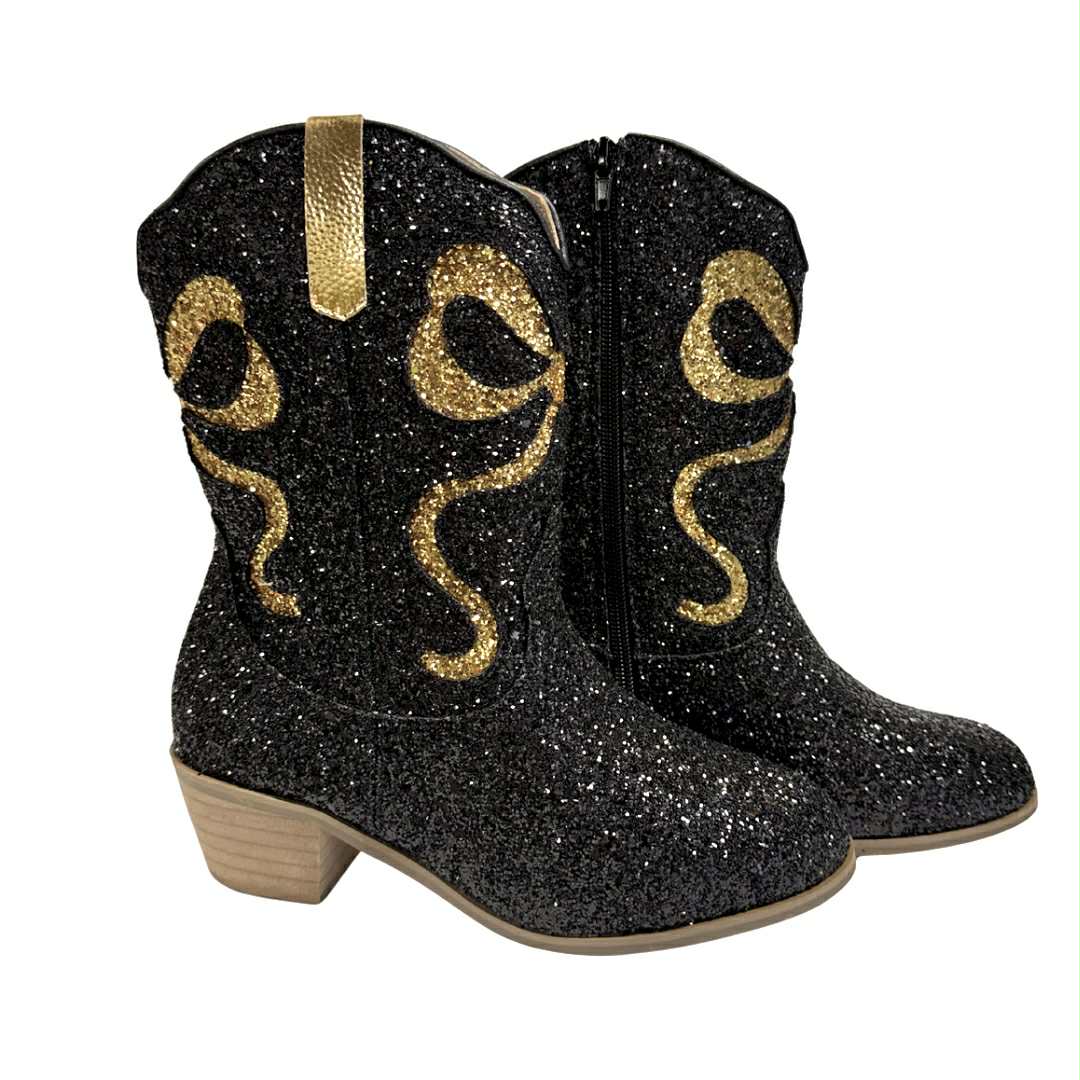 Black & Gold Bow Glitter Boots