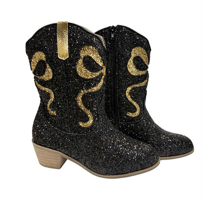 Black & Gold Bow Glitter Boots