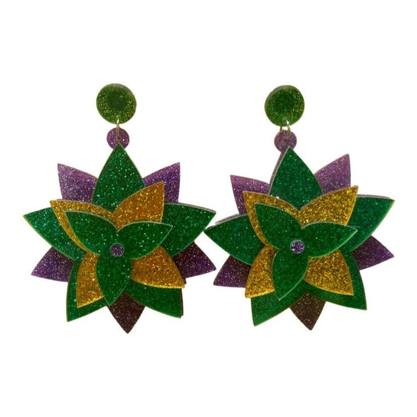 Acrylic Mardi Gras Flower Earrings