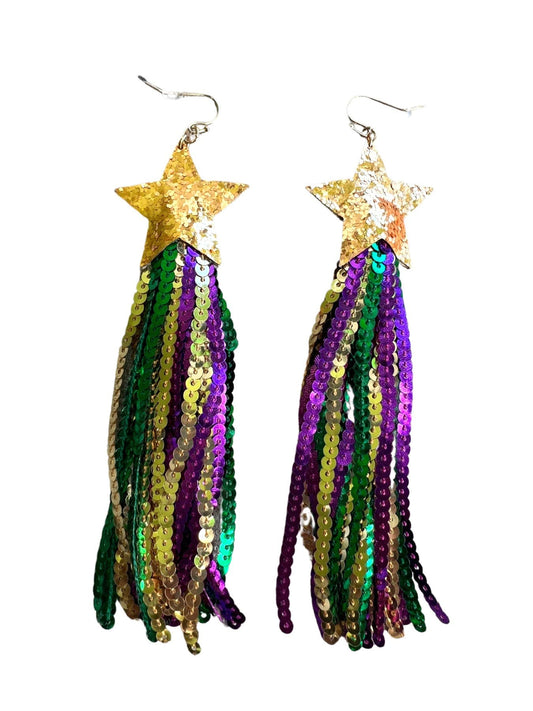 Star Sequin Tassel Earrings, Mardi Gras