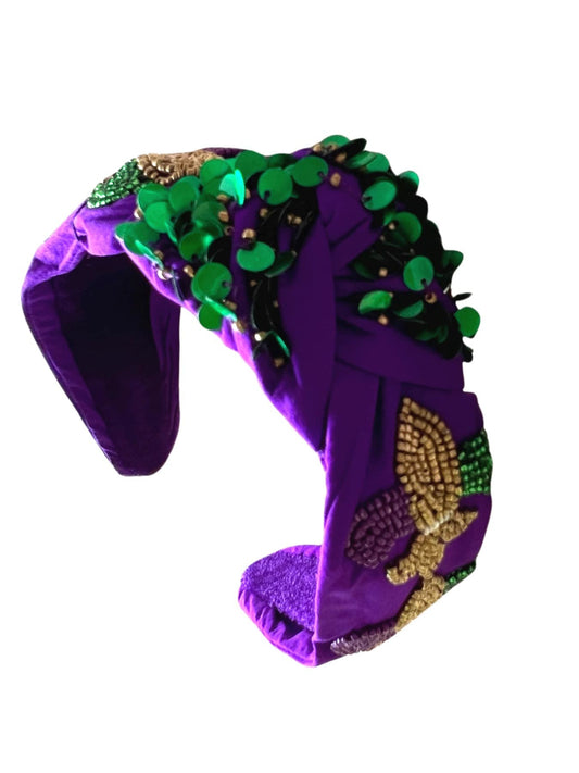 Mardi Gras Headband with Beaded Fleur de Lis