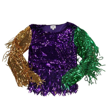 Tri Color Sequin Fringe Crop Top