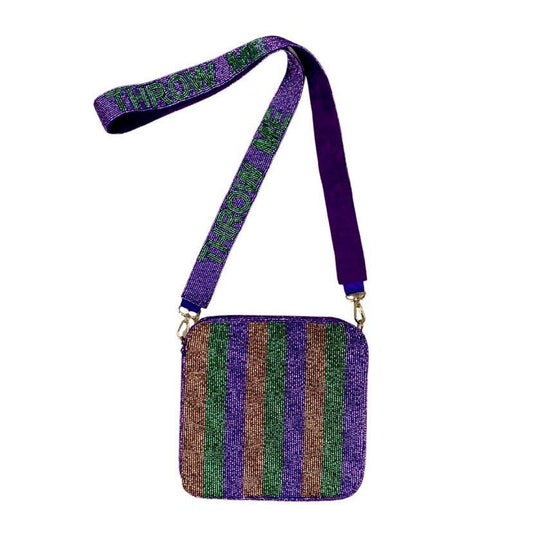 Mardi Gras Stripe Beaded Purse with Throw Me Strap