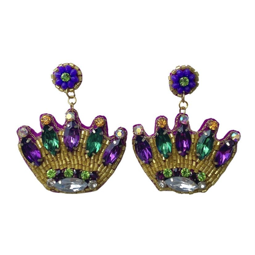 Mardi Gras Beaded Crown Earrings with Gems