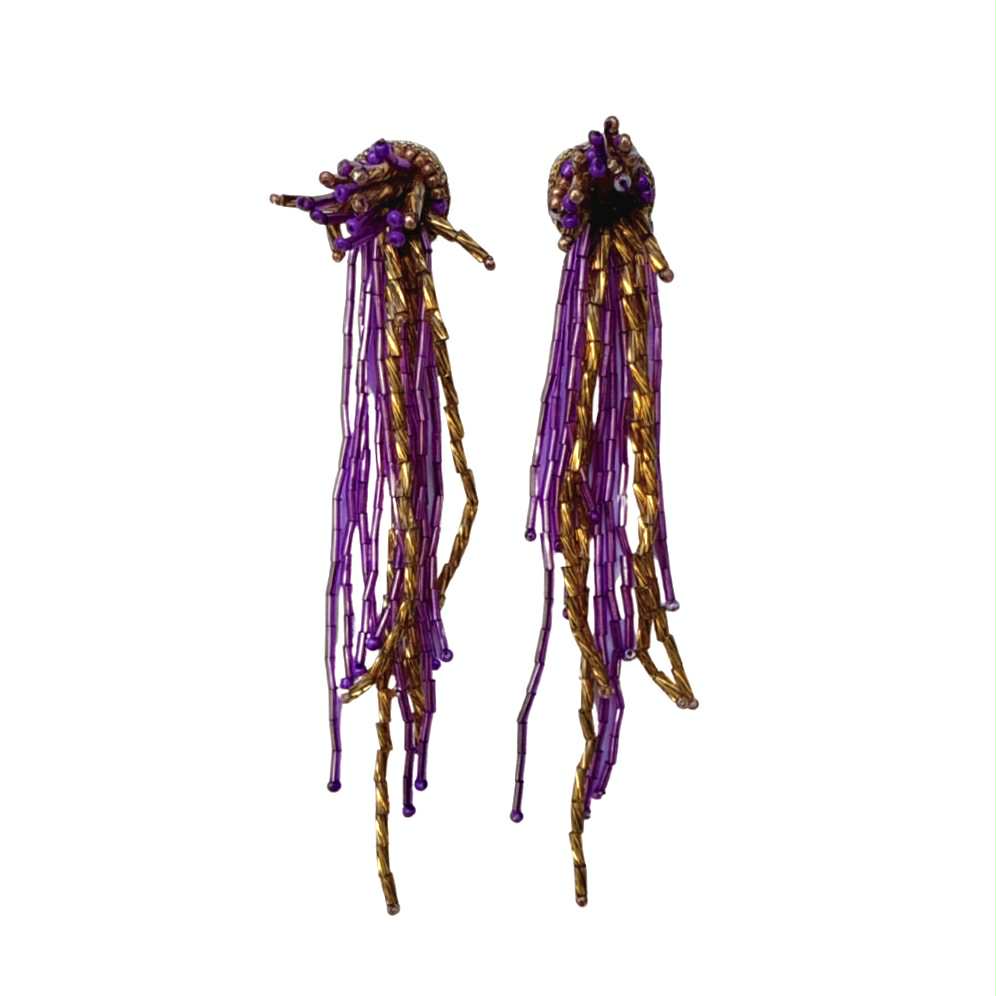 Beaded Dangle Fringe Earrings, Purple & Gold