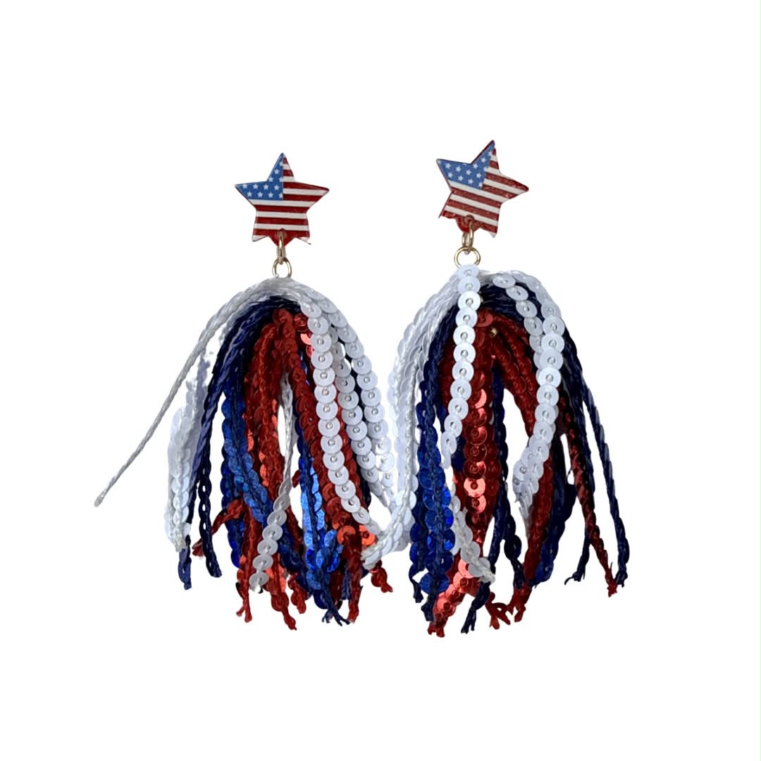 Flag Star Post Fringe Tassel Earrings