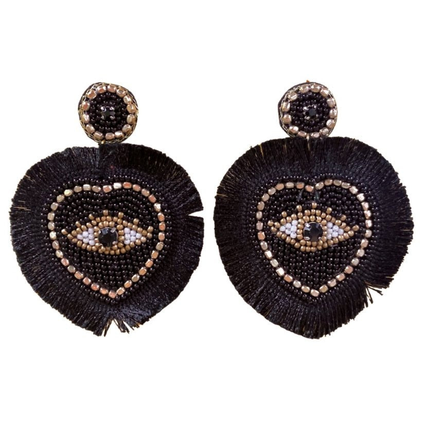 Evil Eye Heart Fringe Earrings, Black & Gold