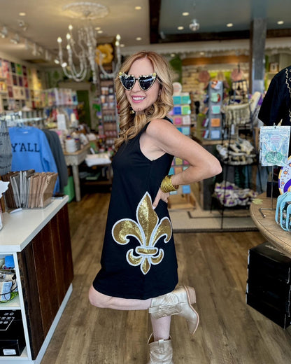 Black Fleur de Lis Sequin Tank Dress