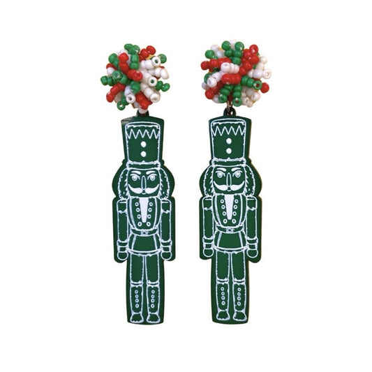 Green Nutcracker Earrings with Beaded Pom