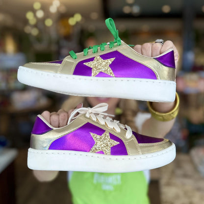 Purple & Gold Metallic Shoes with Green/Gold Laces