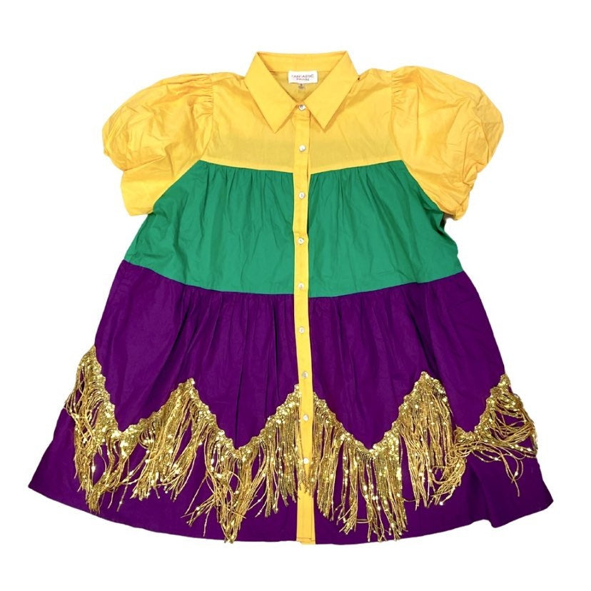 Mardi Gras Tiered Button Dress with Fringe