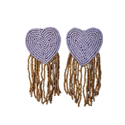 Beaded Heart Fringe Earrings, Purple & Gold