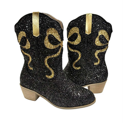 Black & Gold Bow Glitter Boots
