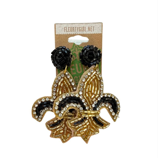 Black & Gold Fleur de Lis Seed Bead Earrings