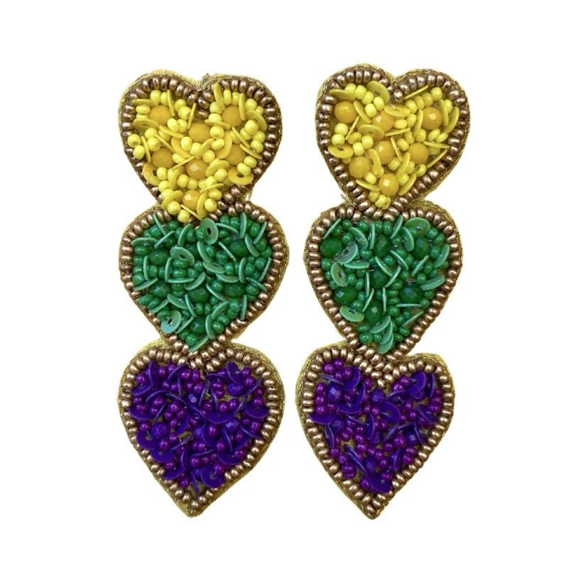 Three Tier Mardi Gras Heart Earrings