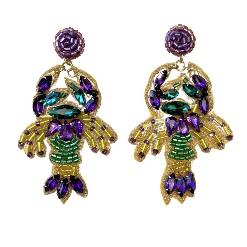 Multi Jeweled Mardi Gras Crawfish Earrings