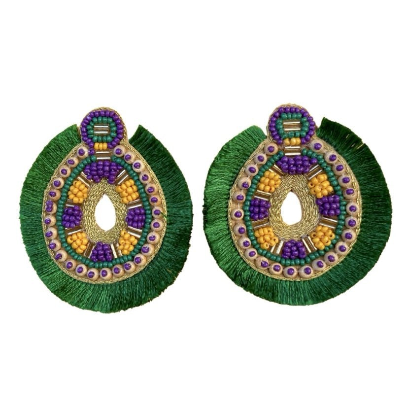 Mardi Gras Beaded Fan Tassel Earrings