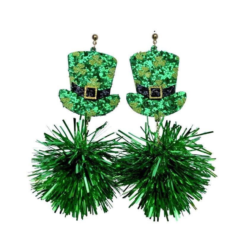 Leprechaun Hat Earrings with Tinsel Pom