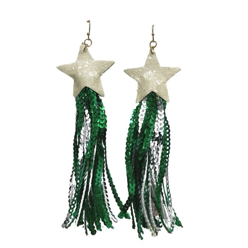 Star Sequin Tassel Earrings, Green & Silver