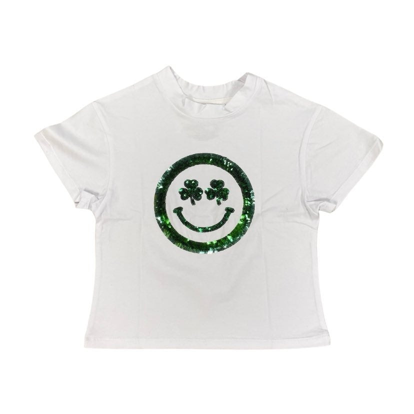 Sequin Shamrock Smiley Tee, Kids