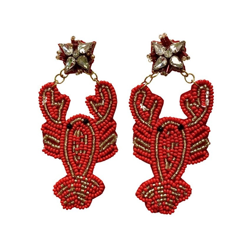 Beaded Crawfish Earrings with Jeweled Stud