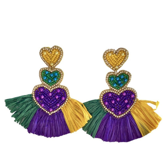 Triple Heart Mardi Gras Earrings