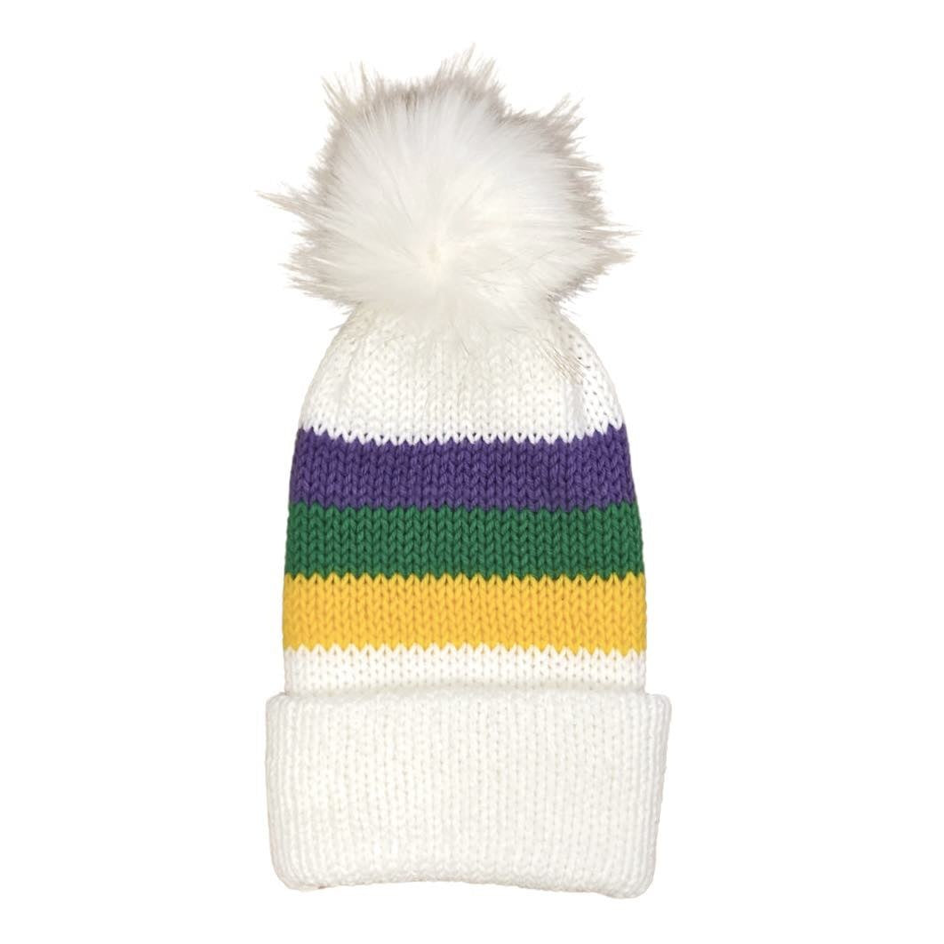 Three Stripe Knitted Mardi Gras Beanie with Pom