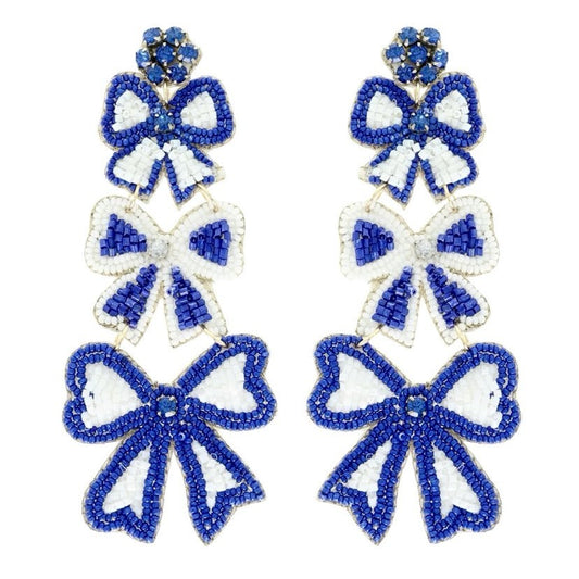 Triple Bow Beaded Earrings, Blue & White