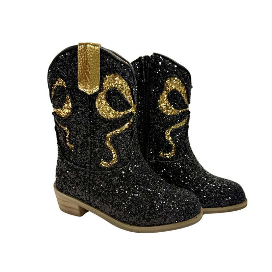Black & Gold Bow Glitter Boots, Kids