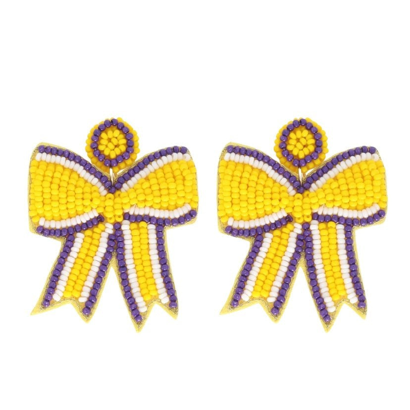 Beaded Bow Earrings, Purple & Gold