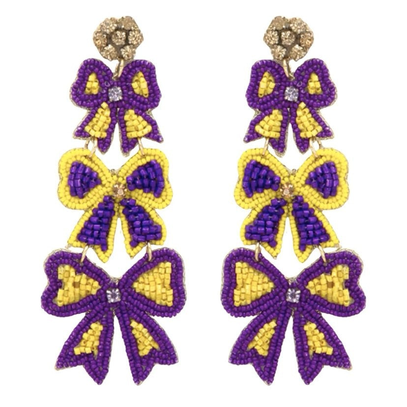 Triple Bow Beaded Earrings, Purple & Gold