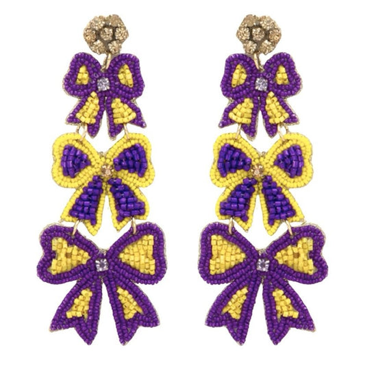 Triple Bow Beaded Earrings, Purple & Gold