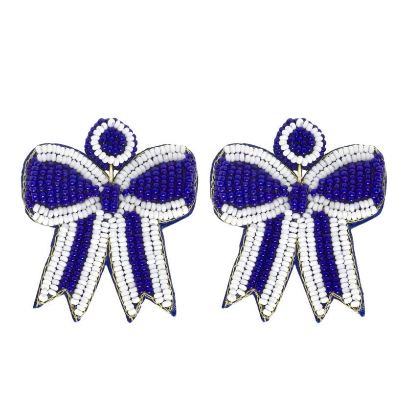 Beaded Bow Earrings, Blue & White