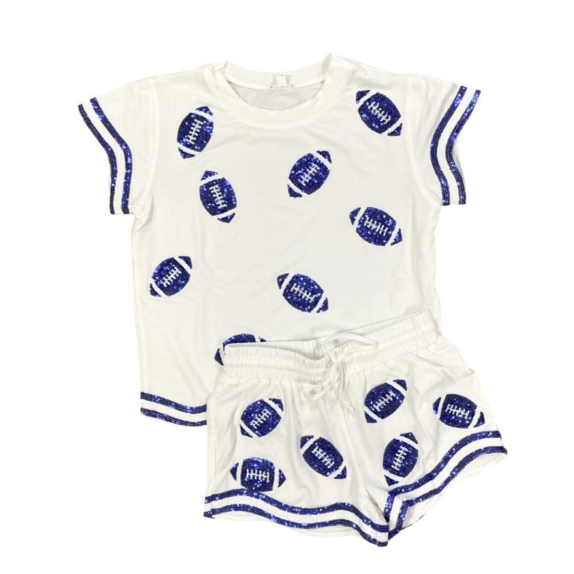 Sequin Football Shorts Set, Blue & White