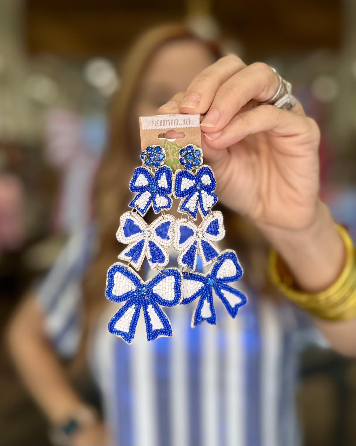 Triple Bow Beaded Earrings, Blue & White