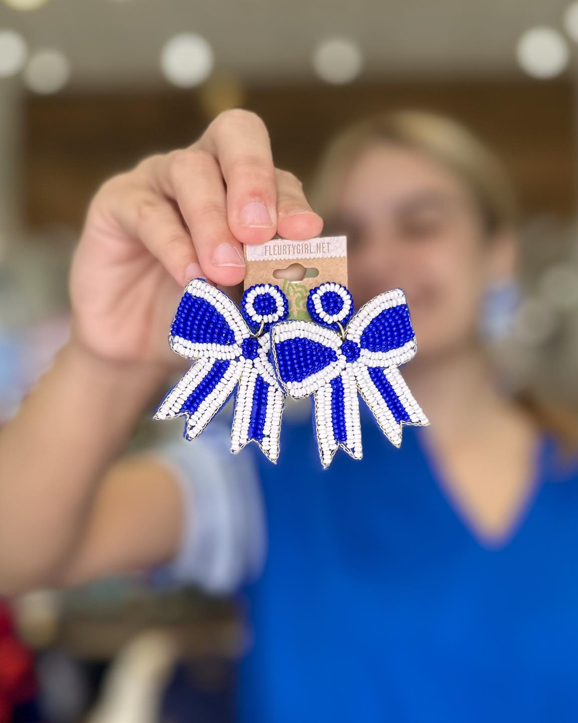 Beaded Bow Earrings, Blue & White