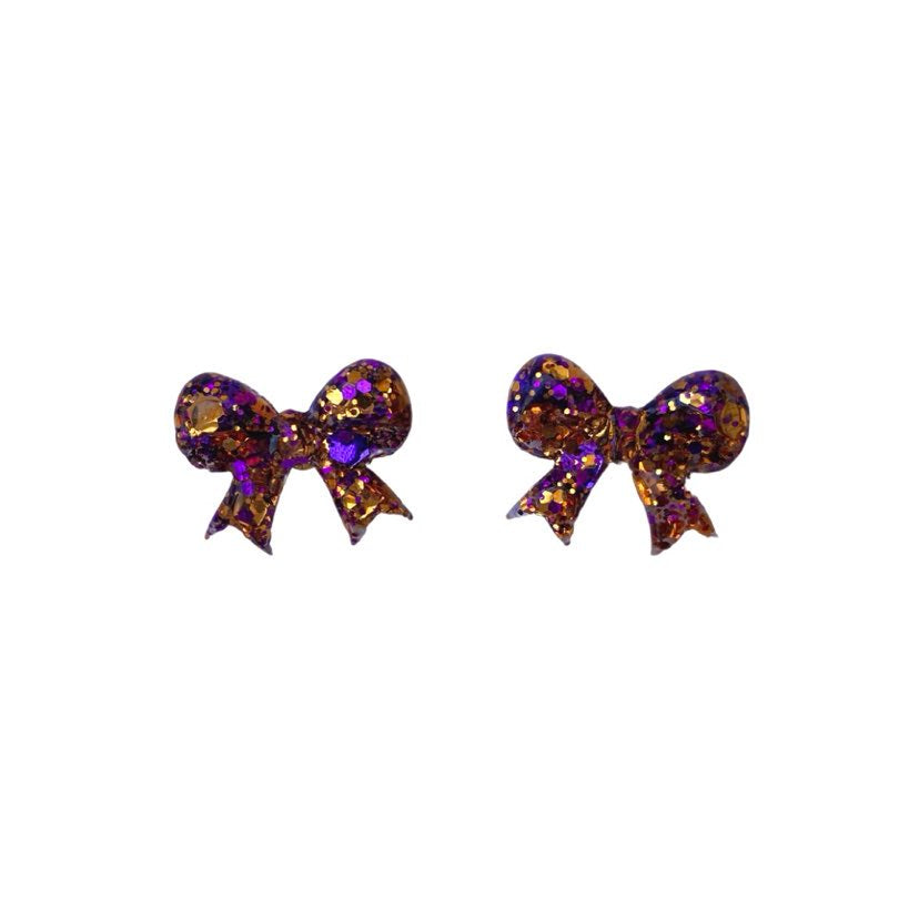 Coquette Confetti Bow Earrings, Purple & Gold