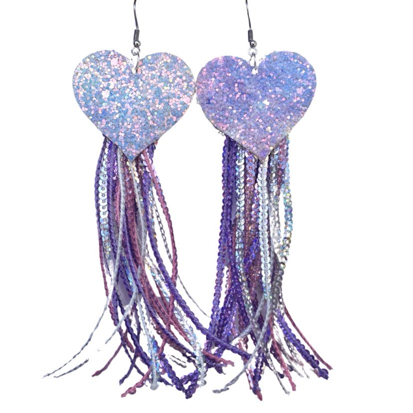 Bejeweled Heart Sequin Tassel Earrings