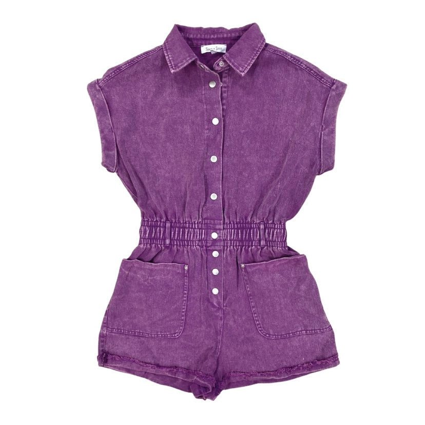 Pocketed Denim Romper, Purple