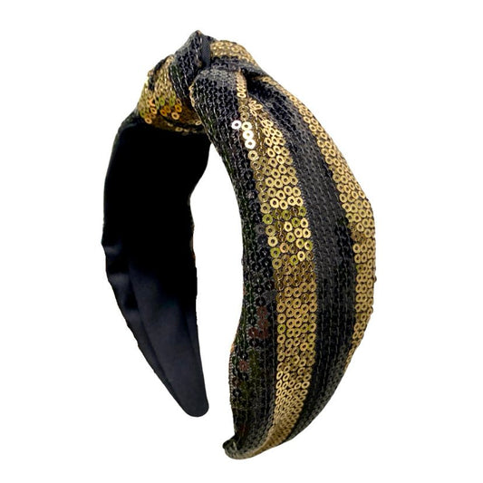 Stripe Sequin Knotted Headband, Black & Gold